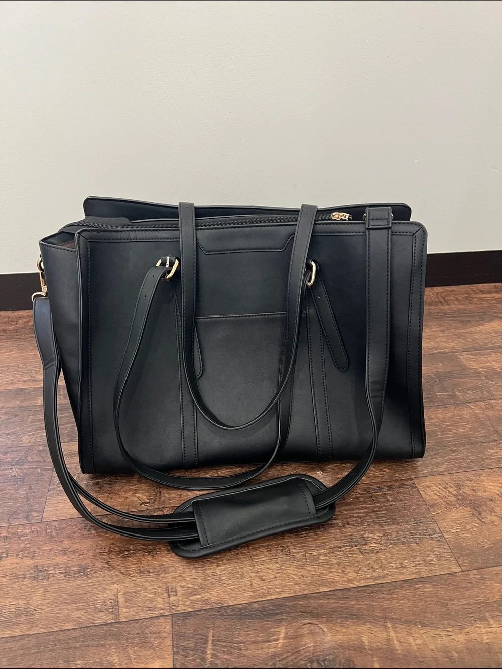 Black Leather Women’s Laptop Bag with Gold Accents